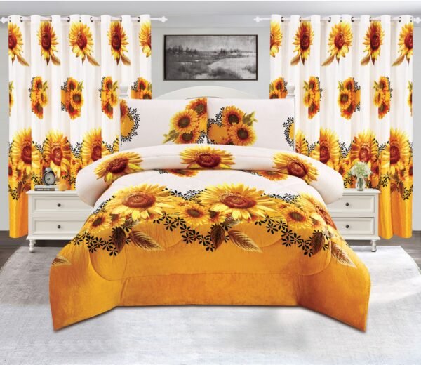 5-Piece Printed Polar Fleece Bedspread Set with Curtains