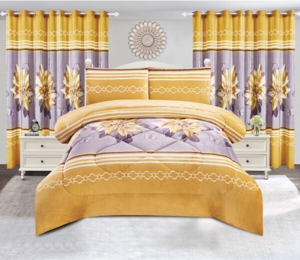 5-Piece Printed Polar Fleece Bedspread Set with Curtains