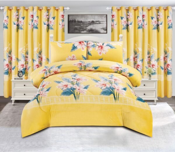 5-Piece Printed Polar Fleece Bedspread Set with Curtains