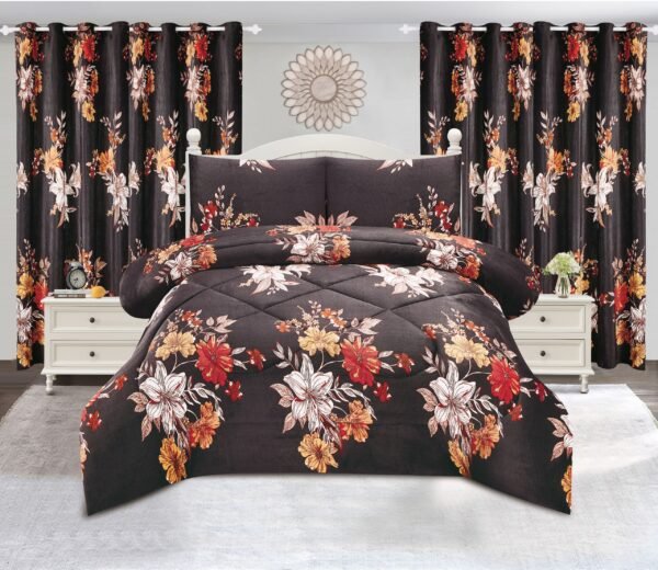 5-Piece Printed Polar Fleece Bedspread Set with Curtains