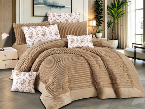 8-Piece Faux Rabbit Fur Comforter Set with Crystal Velvet Trim