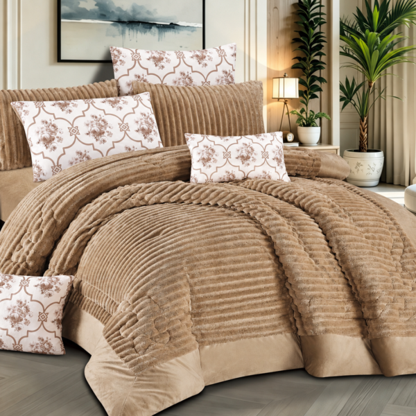 8-Piece Faux Rabbit Fur Comforter Set with Crystal Velvet Trim